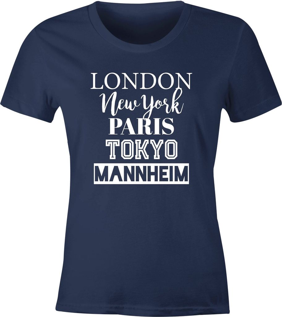 Damen T-Shirt London Paris New York Tokyo Deine Stadt Dorf Ort Ortsname Slim Fit Personalisierung Moonworks navy XL