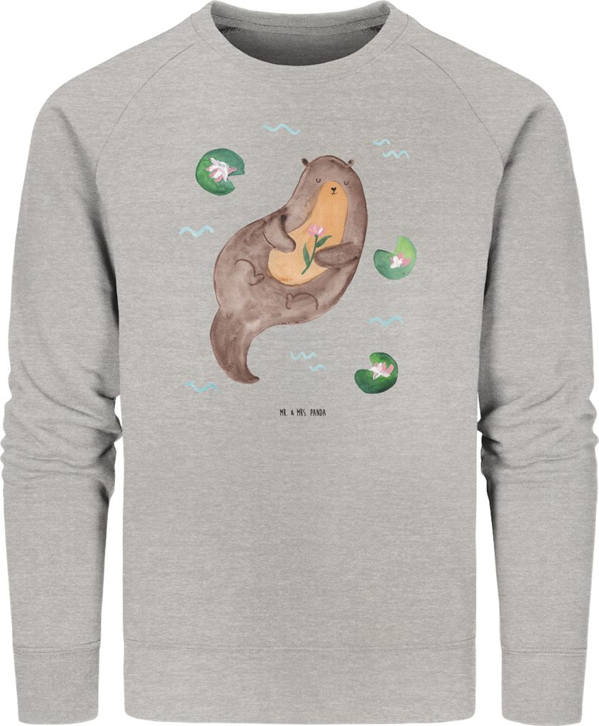 Mr. & Mrs. Panda Baumwoll Pullover Otter Seerose Größe S - Heather Grey - Geschenk, Seeotter, Fluss, Wasser, Nachhaltiger, Sweater, Pulli, glück...