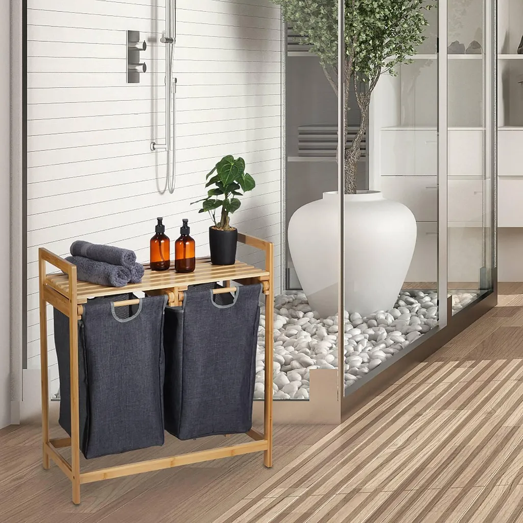 Meuble Buanderie Panier à Linge Double avec Tablette de Rangement Chic - 2