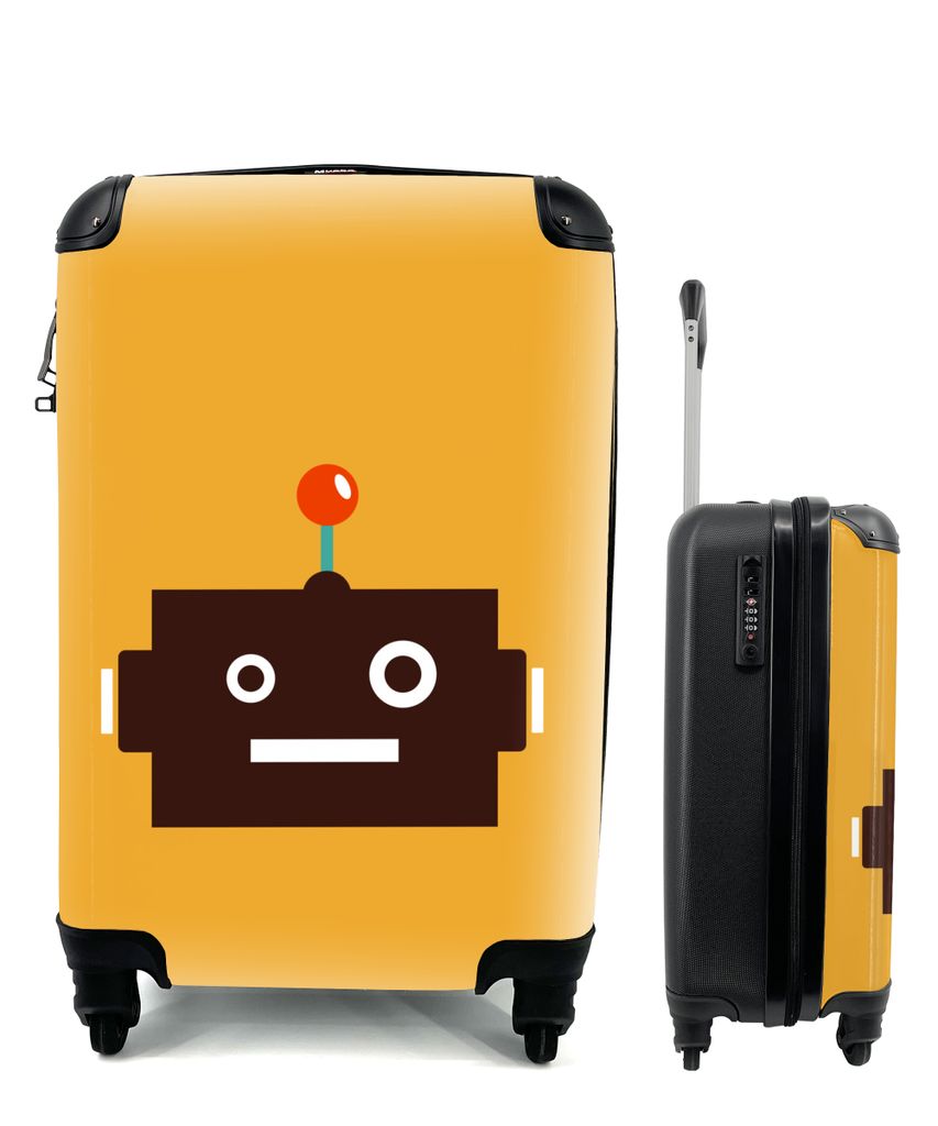 MuchoWow Koffer Handgepäck Trolley Rollkoffer Kleine Reisekoffer mit 4 Rollen - Roboter - Gesicht - Antenne - Gelb - Jungen - Kind - Cabin Size ...