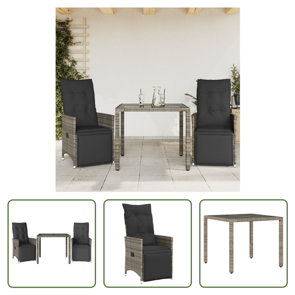 The Living Store 3-tlg. Garten-Bistro-Set mit Kissen Grau Poly Rattan
