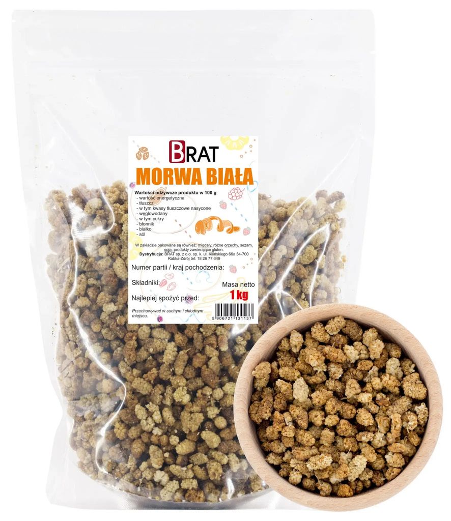 A bag of dried white mulberries next to a wooden bowl filled with the same product.