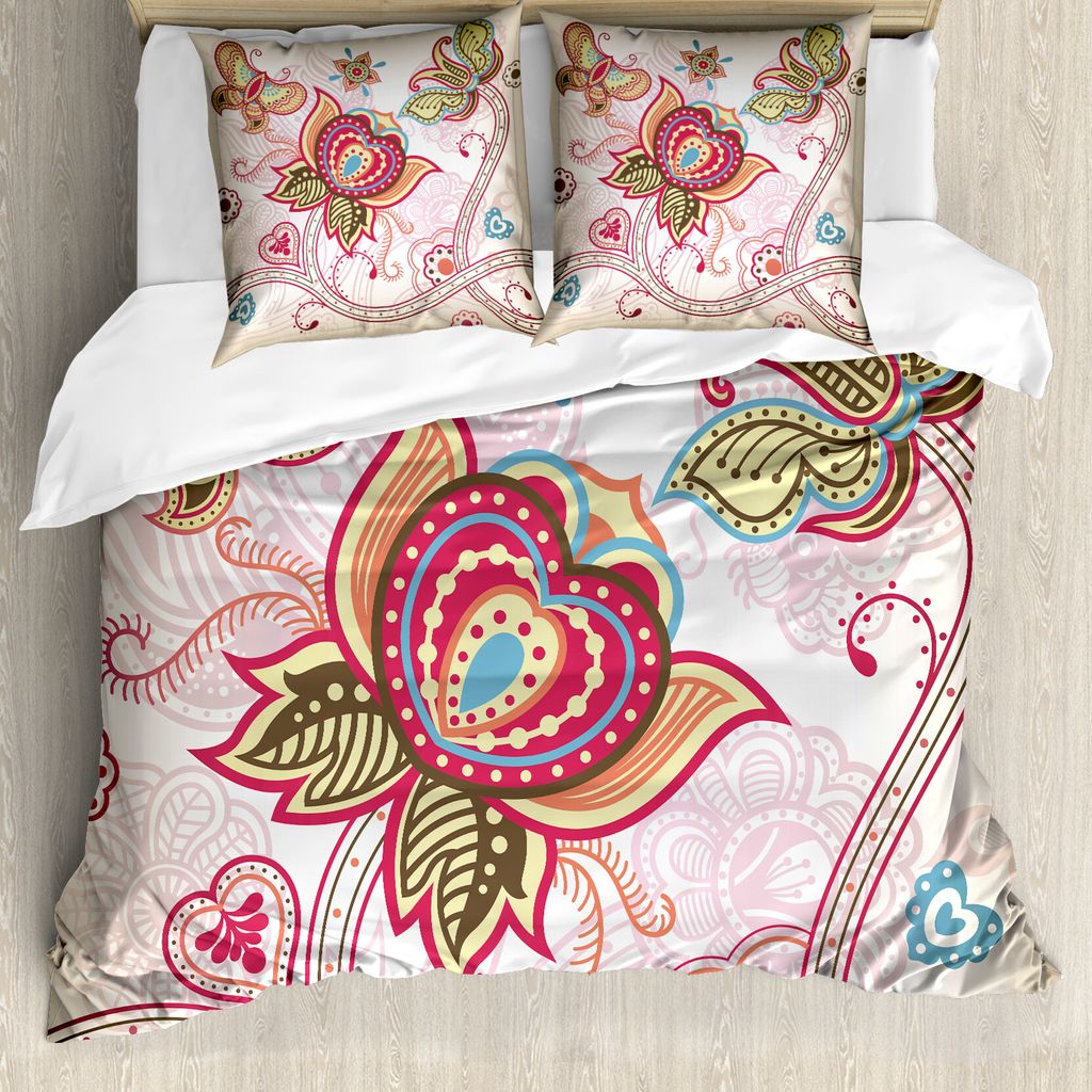 ABAKUHAUS Blumen Bettbezug, Stil Schmetterlinge, Milbensicher Allergiker geeignet mit Kissenbezügen, 155 cm x 220 cm - 80 x 80 cm, Rosa Beige Khaki