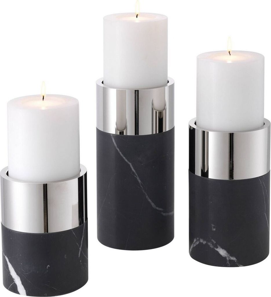 Casa Padrino Luxus Kerzenhalter Set Schwarz / Silber - 3 runde Marmor Kerzenhalter - Luxus Qualität - Deko Accessoires