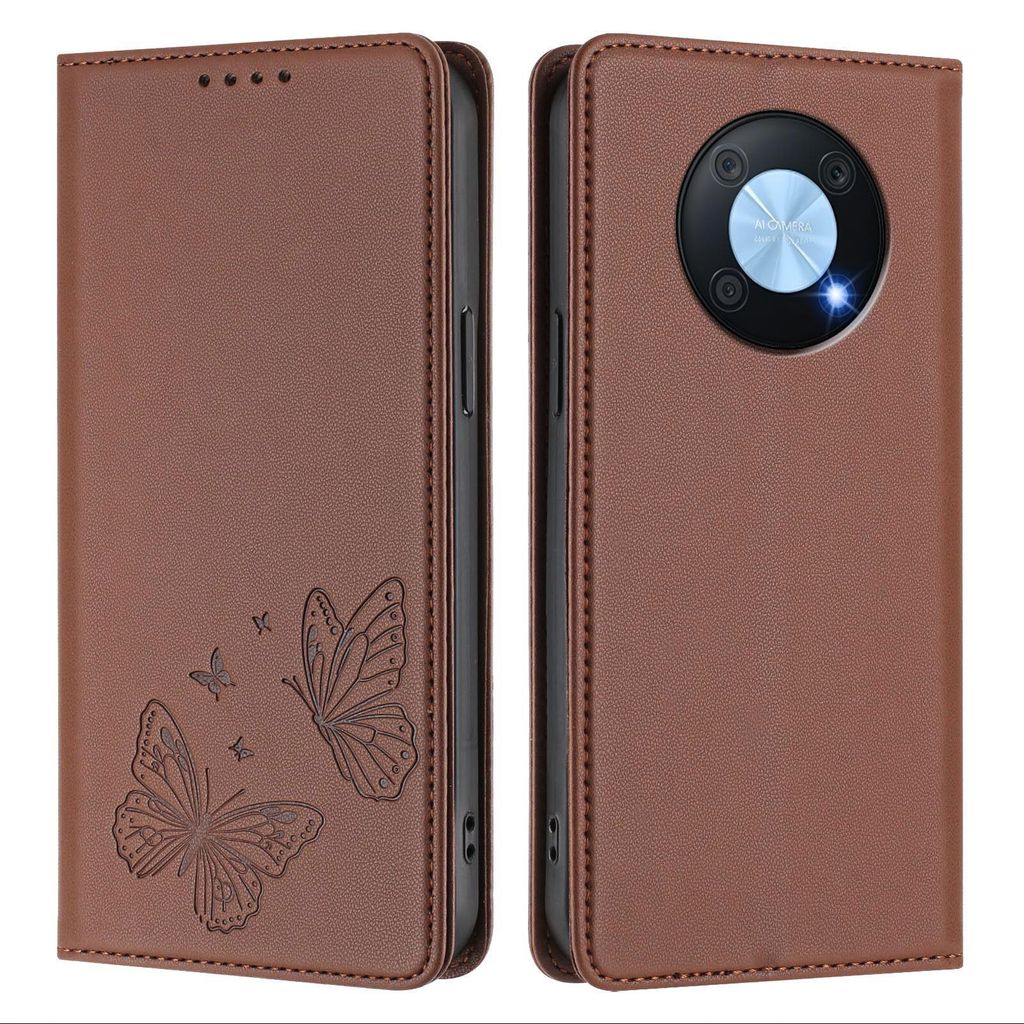 Lederhülle für Huawei Nova Y90, Schmetterling Prägung Leder Brieftasche Schutzhülle mit Ständer Braun