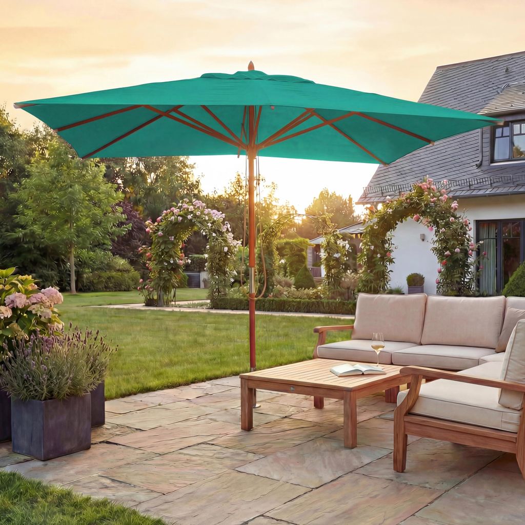 Gastronomie Holz-Sonnenschirm MCW-C57, Gartenschirm, Polyester/Holz 14kg, eckig 3x3m Seilzug stoßsicher blau-grün