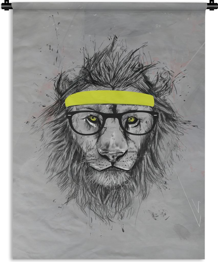 MuchoWow Wandteppich Wandbehang Löwe - Brille - Gelb - Tiere 60x80 cm Tapisserie Dekoration Wandtuch - Decke - Wandtücher - Wohne