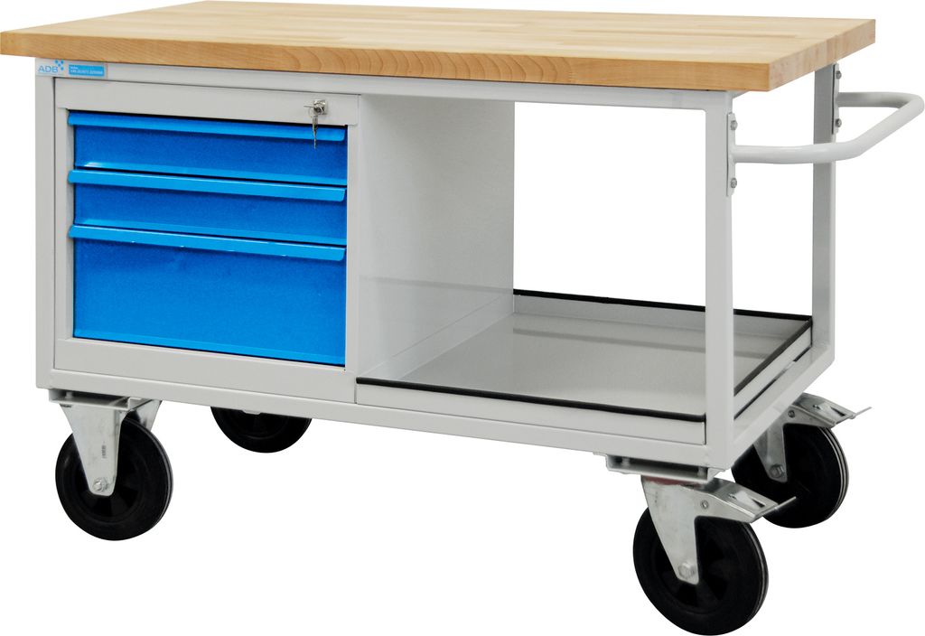 Mobile Werkbank Rhino mit Ablagefach + 3 Schubladen | HxBxT 83x130x60cm | Traglast 500kg | Lichtgrau/Lichtblau