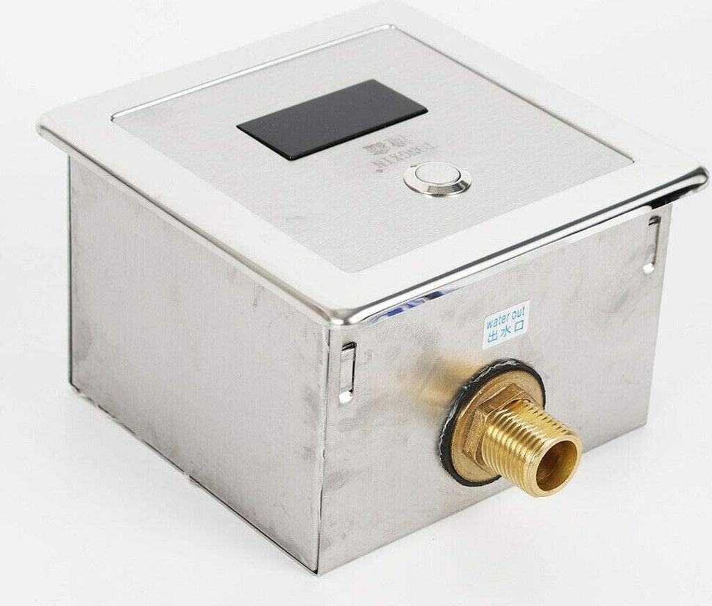 A stainless steel automatic toilet flush valve with an infrared sensor.