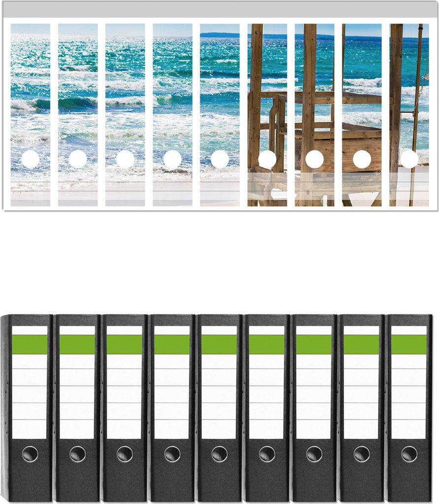 Wallario 9 Stück breite Ordner inkl. Klebeetiketten mit Motive Badestrand - Mallorca Spanien - Set mit Rückenschildern / Ordnerrücken Stickern