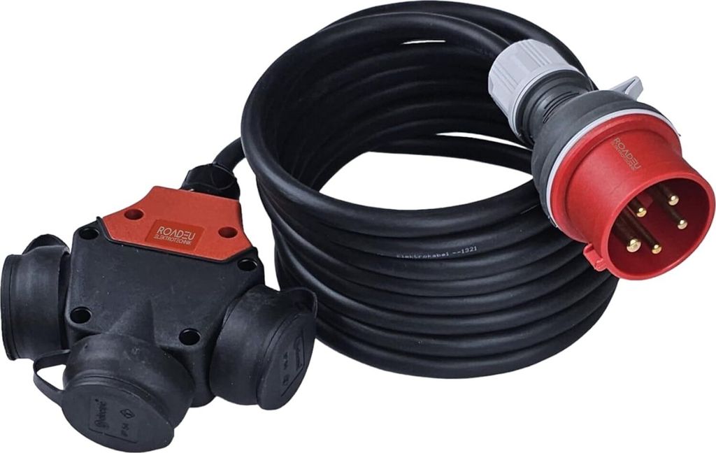 RoadEu CEE Starkstrom Adapter, CEE Stecker 16A, 380V auf 220V Adapter, 3X 220V Schuko Kupplung, 5x2,5mm Gummikabel 15 Meter. Adapter 16A auf 230V