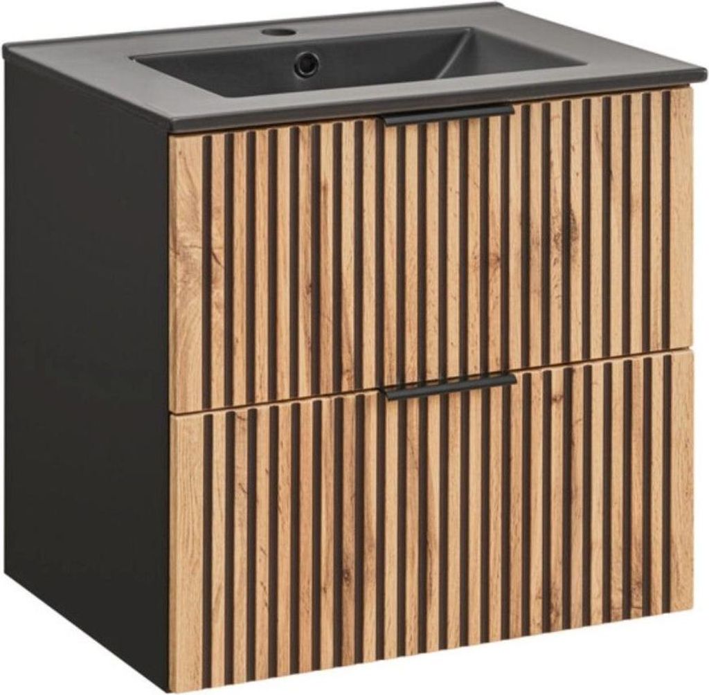 Badezimmer-Set KINOKO: Unterschrank mit Schubladen 60cm + schwarzes Einbauwaschbecken + Siphon