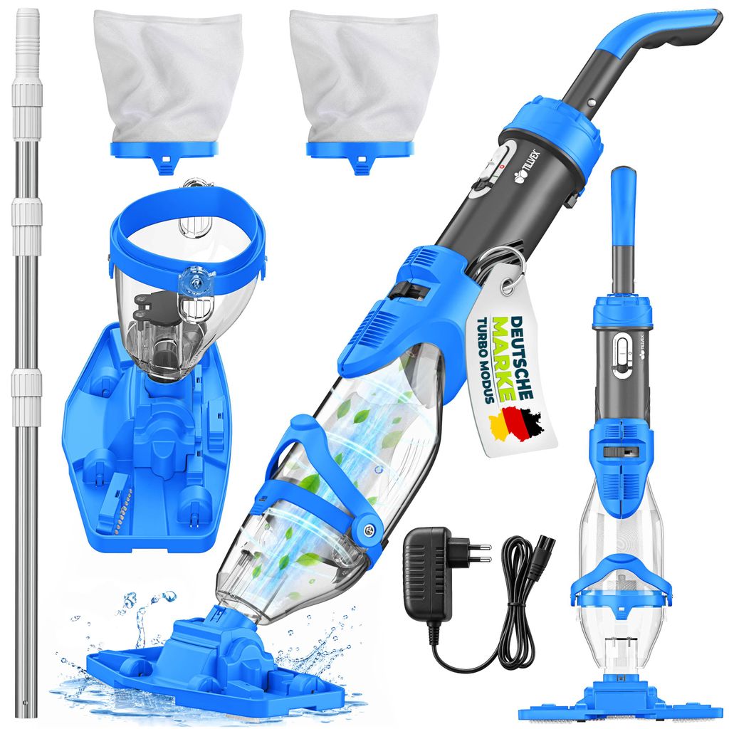 tillvex Poolsauger Blau/Grau mit Akku & Teleskopstange + Ersatzfilter bis zu 15 m³ | Pool Bodensauger elektrisch | Poolreiniger mit Filter & 60 mi...