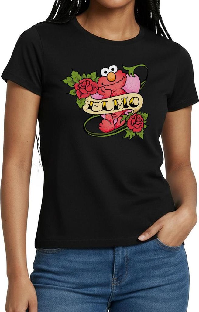 Spreadshirt Sesamstraße Elmo Tattoo Vintage Herz Frauen T-Shirt, XXL, Schwarz