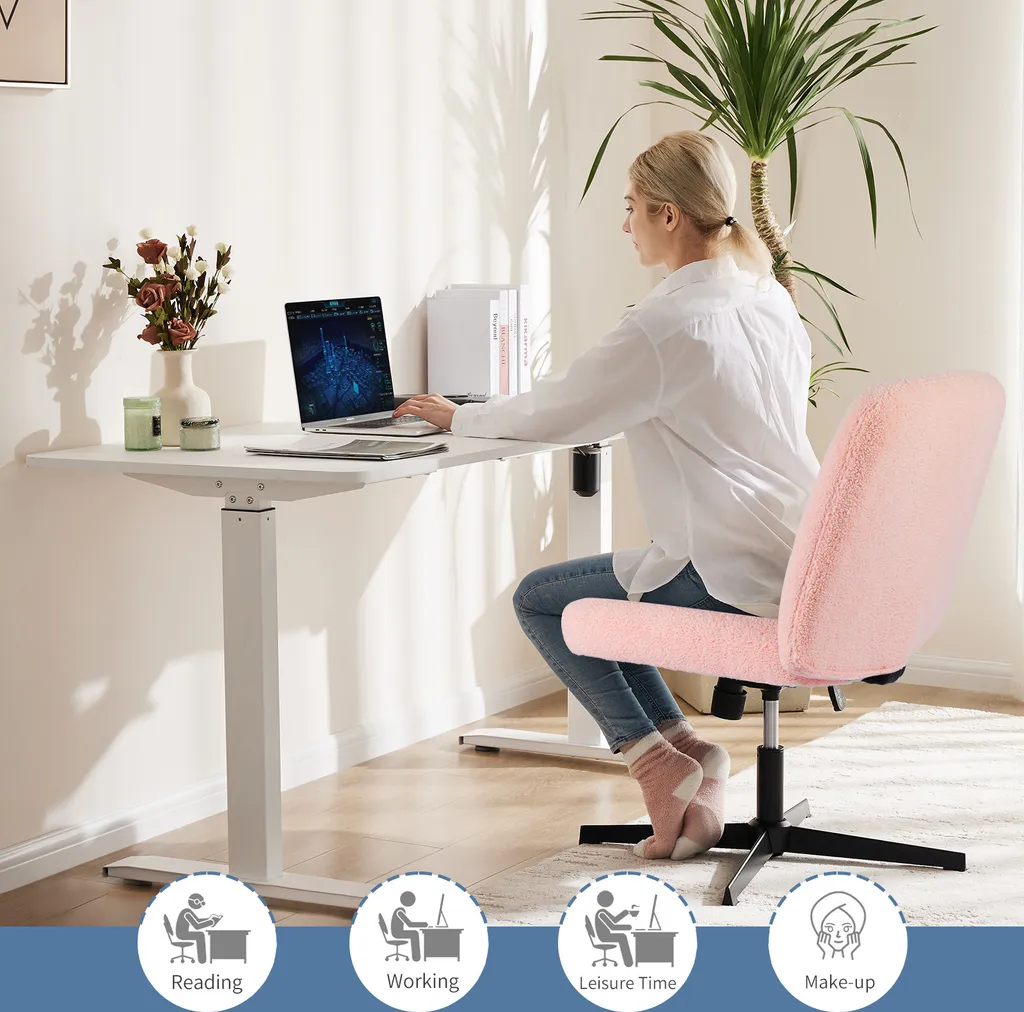 Chaise de bureau Sweiko pour télétravail, velours rose et fixe - 7