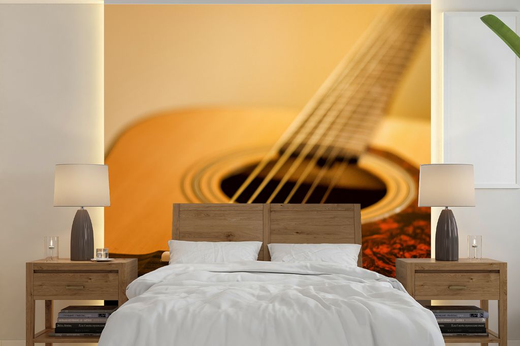 MuchoWow Fototapete für Wohnzimmer oder Schlafzimmer Wandtapete Vinyl Motivtapete Gekippte Ansicht einer akustischen Gitarre - 220x220 cm - Tapeten