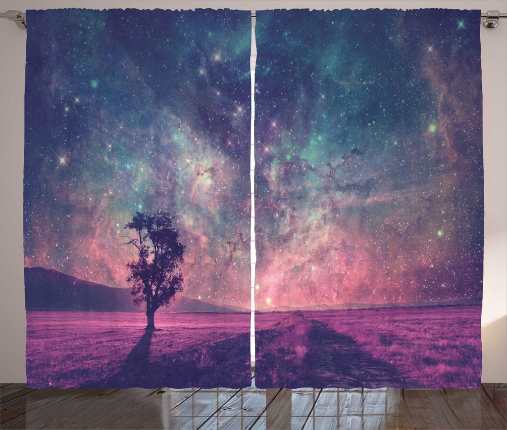 ABAKUHAUS Galaxis Rustikaler Gardine, Einsamer Baum-Ansicht, Schlafzimmer Kräuselband Vorhang mit Schlaufen und Haken, 280 x 245 cm, Rosa Coral Blue