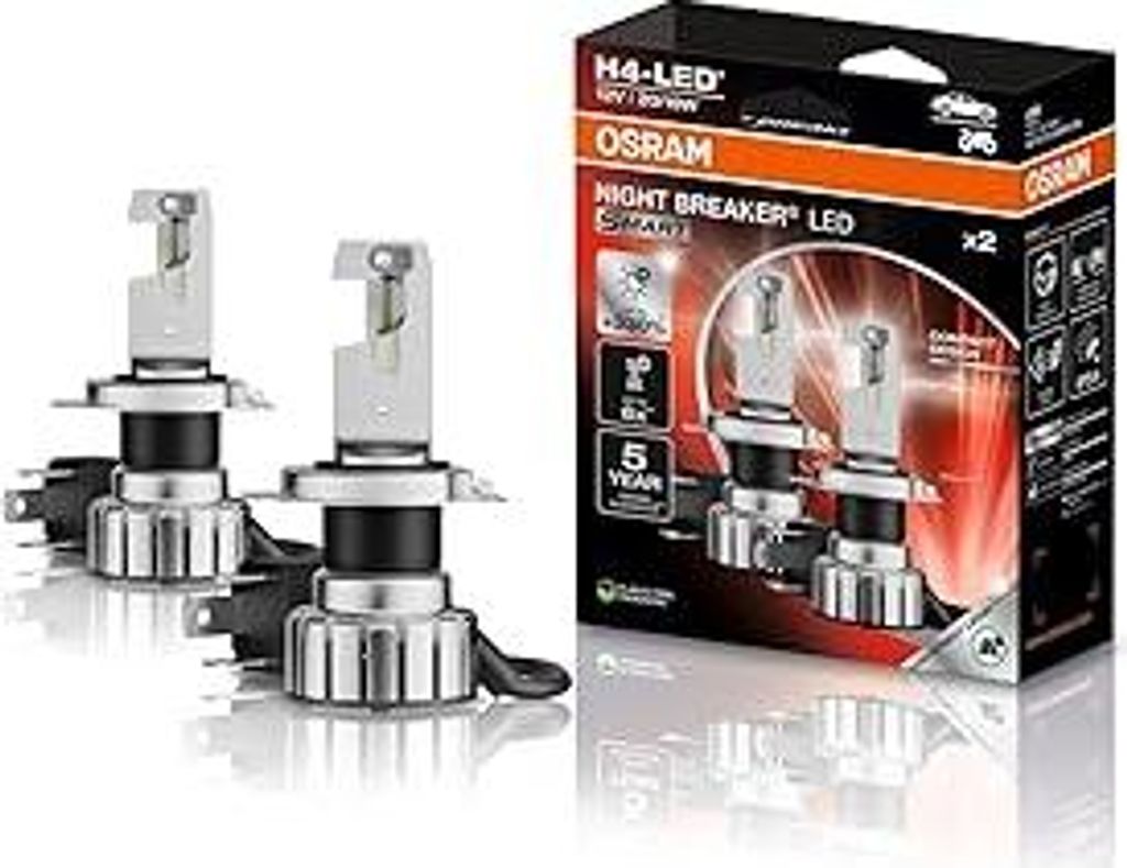 Osram NIGHT BREAKER LED SMART H4, bis zu 330% mehr Helligkeit, 6000K, 12V, LED-Fern- und Abblendlicht mit Straßenzulassung, white