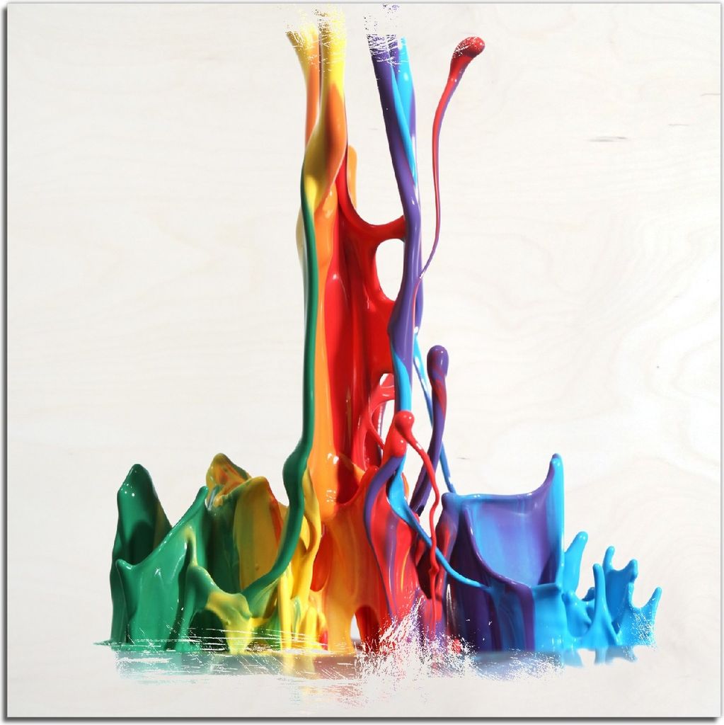 Kunstdrucke Wandbilder Holz in : Brillante Farben, Größe 50 x 50 cm Motiv Farbklecks von links - Bunte Farben auf Abwegen