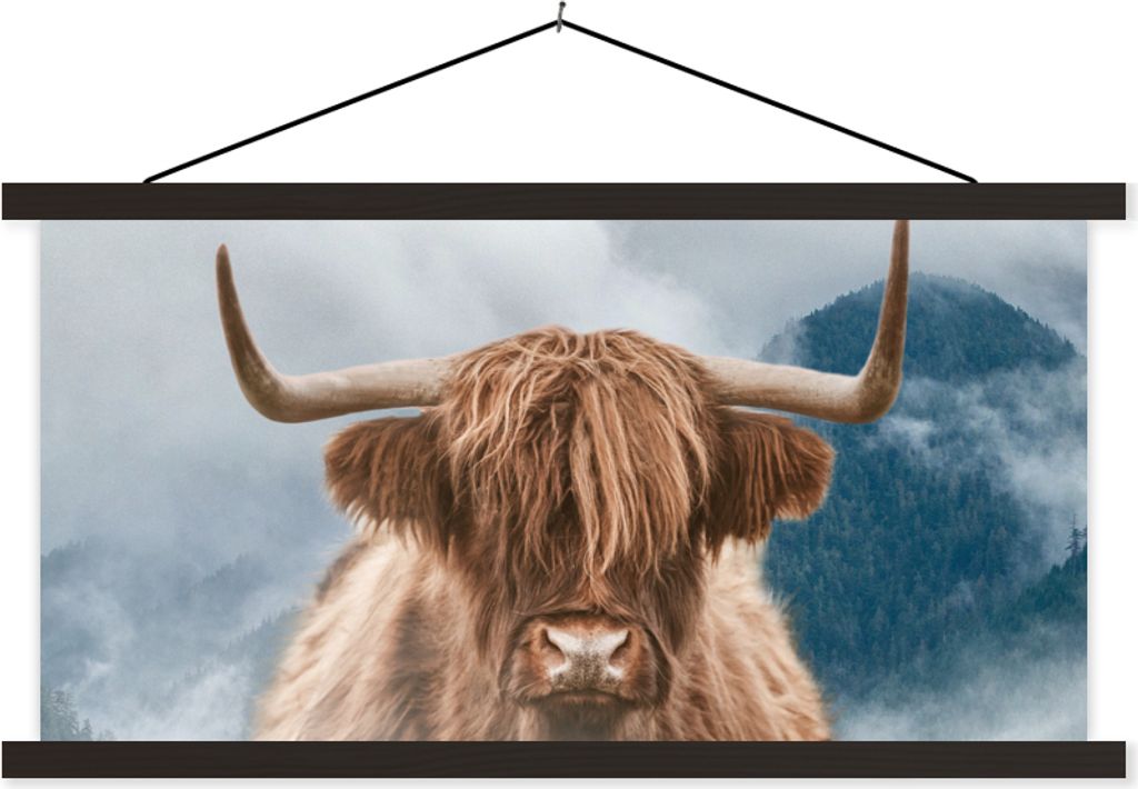 MuchoWow Textilposter Schottisches Hochlandrind - Kuh - Horn 90x45 cm mit schwarzem Rahmen - Klemmleisten
