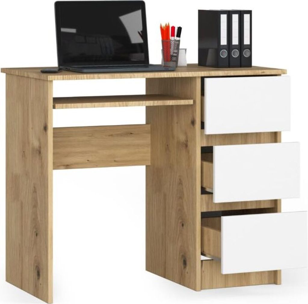 BDW, Computertisch mit 3 Schubladen, Tastaturauszug, 90x77x50 cm, Artisan Eiche / Weiß (Rechts)