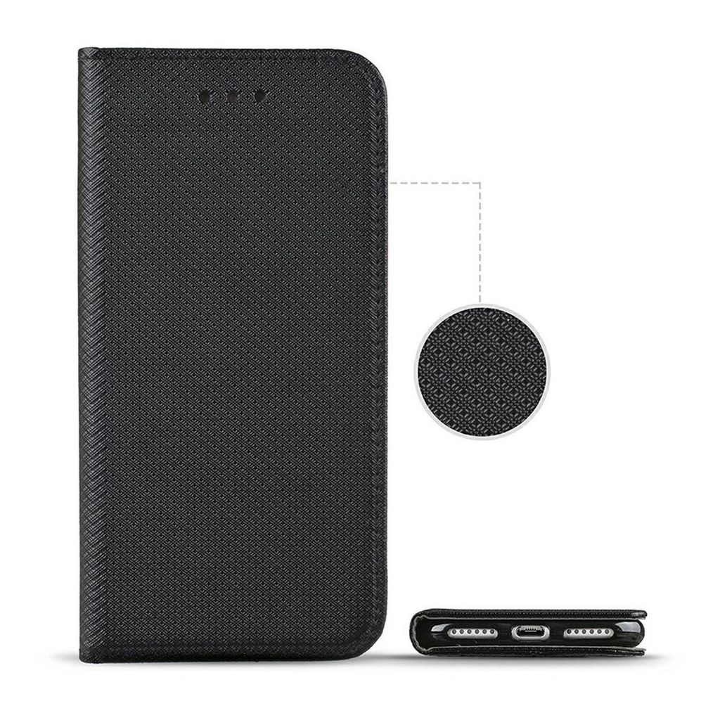 A black flip case for a Samsung Galaxy A70 phone is shown against a white background. A close-up of the textured material is also displayed.