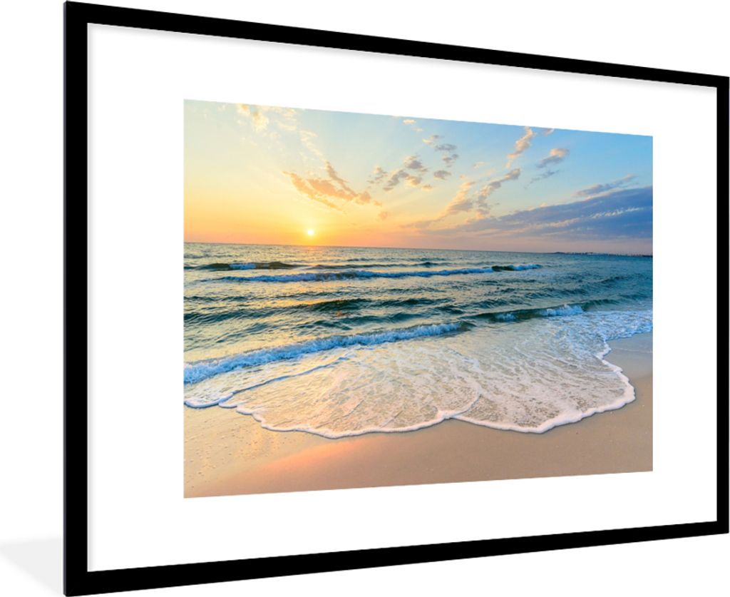MuchoWow Gerahmtes Poster Strand - Meer - Sonnenuntergang - Golf 90x60 cm - Poster mit Schwarzem Bilderrahmen Wandposter Rahmen Foto Bilder - Wan...