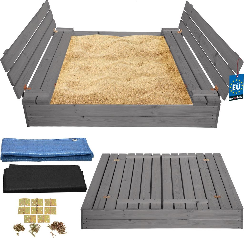 KOTARBAU Sandkasten mit Abdeckung 140 x 140 cm Grau Großer Holzsandkasten Sandkasten mit Sitzbank und Deckel Gartenspielzeug Kinder imprägniert...