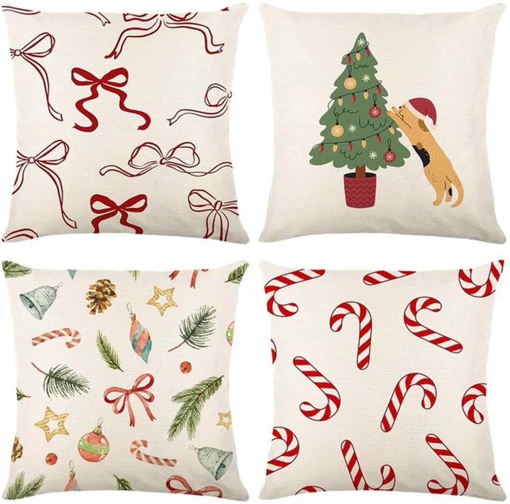 Unyqoos Set mit 4 Weihnachtskissenbezügen im Leinenlook für festliche Dekoration 45x45 cm
