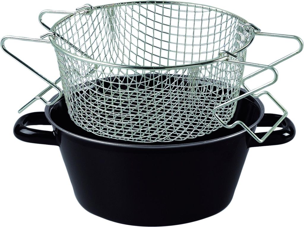 A black enamel pot with a silver wire mesh frying basket inside.