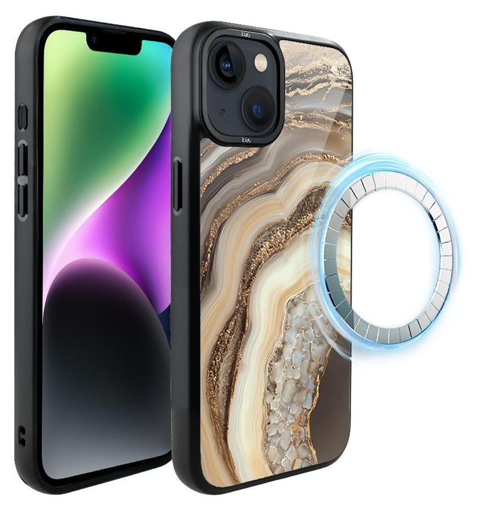 Schutzhülle für das iPhone 14 Plus, MagSafe-kompatibel, mattschwarze Seiten, Zierstein, Achat