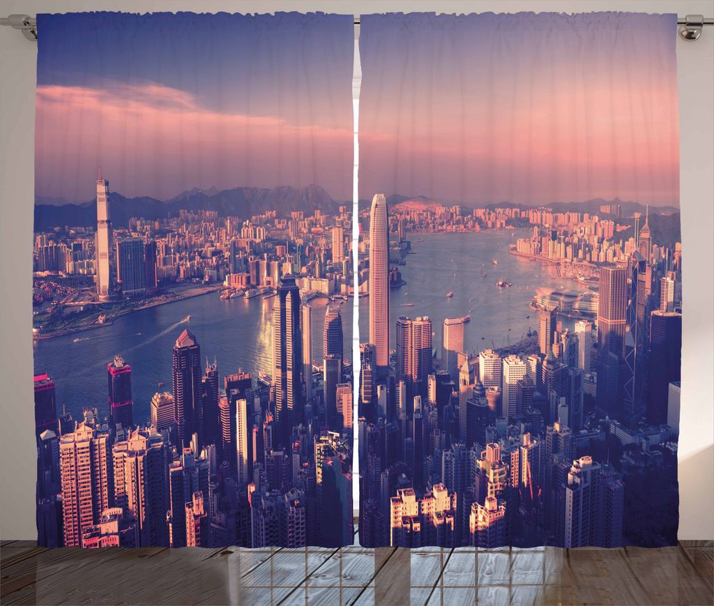 ABAKUHAUS Stadt Rustikaler Gardine, Dreamy Hong Kong Scenery, Schlafzimmer Kräuselband Vorhang mit Schlaufen und Haken, 280 x 175 cm, Pale Pink Ni...