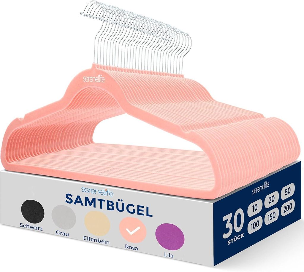 SereneLife Kleiderbügel Rosa, 30er Set, Bügel rutschfest, Hangers Clothes aus Samt für den Kleiderschrank & Garderobe, Platzsparend