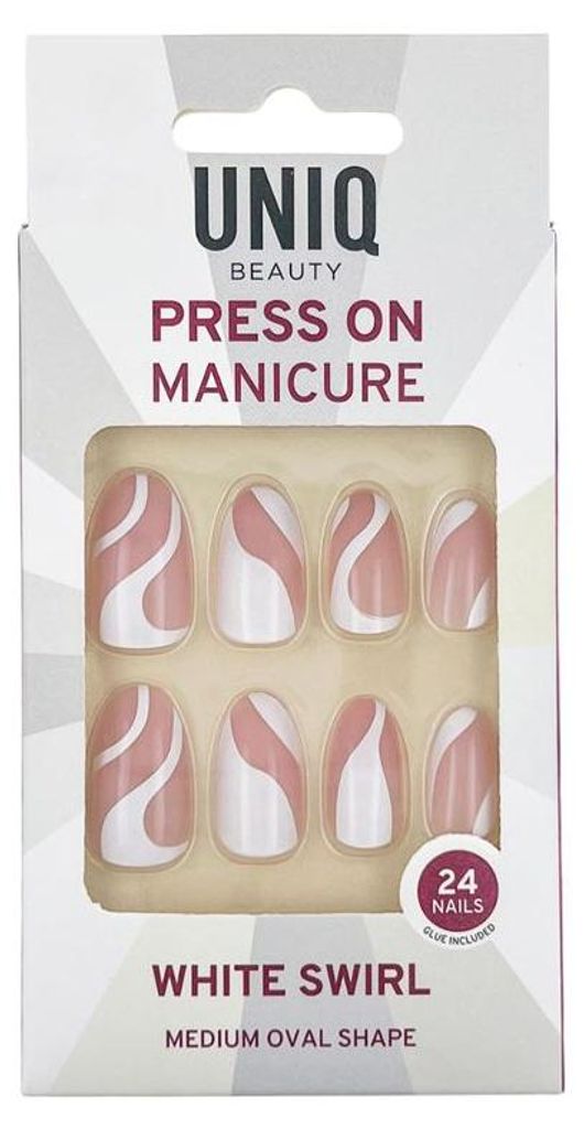 UNIQ Press On Nails White Swirl Künstliche Fingernägel Set mit Kleber Oval Mittel 24 Stück