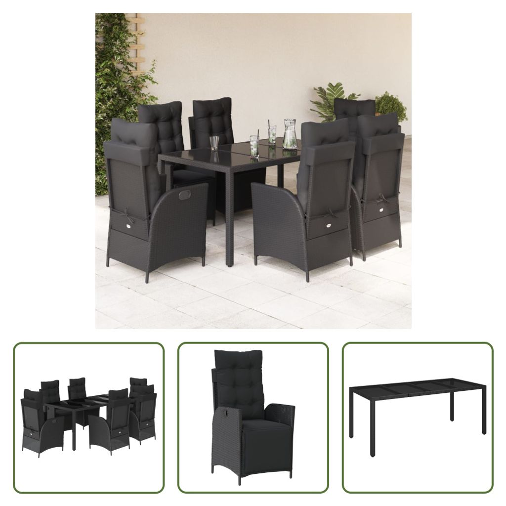 The Living Store 7-tlg. Garten-Essgruppe mit Kissen Schwarz Poly Rattan