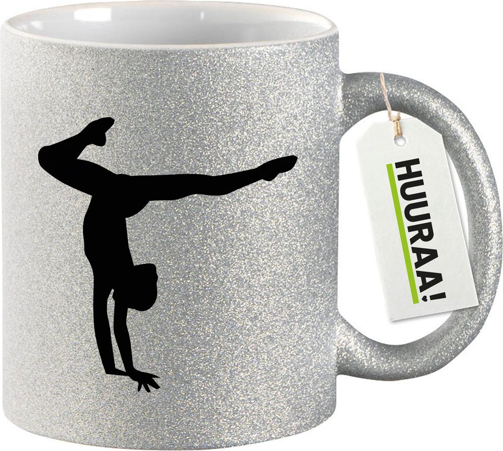 Huuraa Glitzertasse Turnen Gymnastik 330ml Silber Keramik Kaffeebecher Geschenkidee