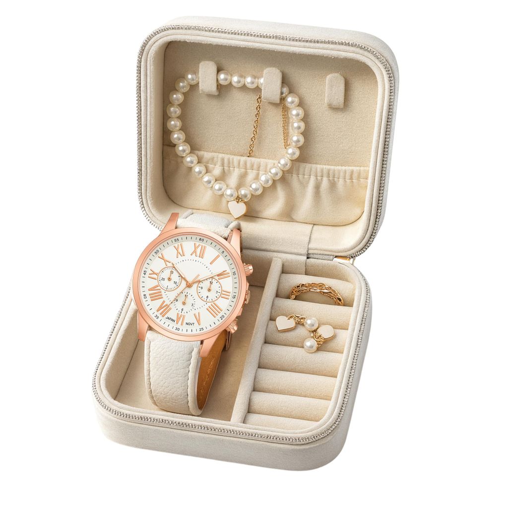 Damen Luxus Geschenkset – Quarz Uhr Weiß/Roségold mit Herz-Schmuck & Aufbewahrungsbox
