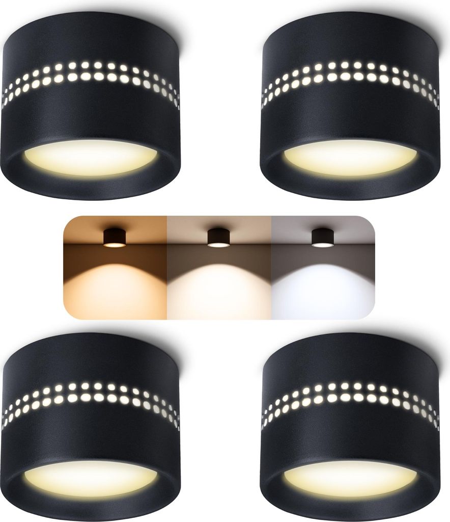 SSC-LUXon ALAPI Deckenleuchte Spot schwarz 4 Stückmit indirektem Licht - Aufputz Lampe flach inkl. dimmbare GX53 Lampe drei einstellbaren Lichtfar...