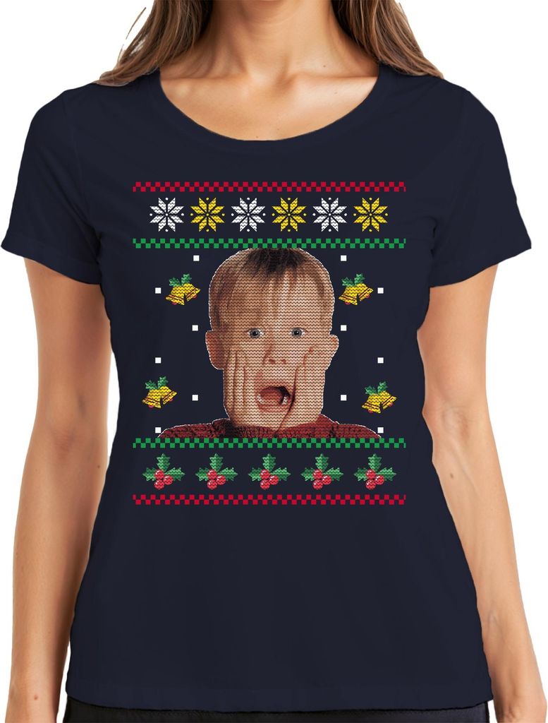 Kevin Allein Zuhause - Weihnachtsgeschenk Ugly Christmas Sweater Weihnachten Damen T-Shirt, Navy, S