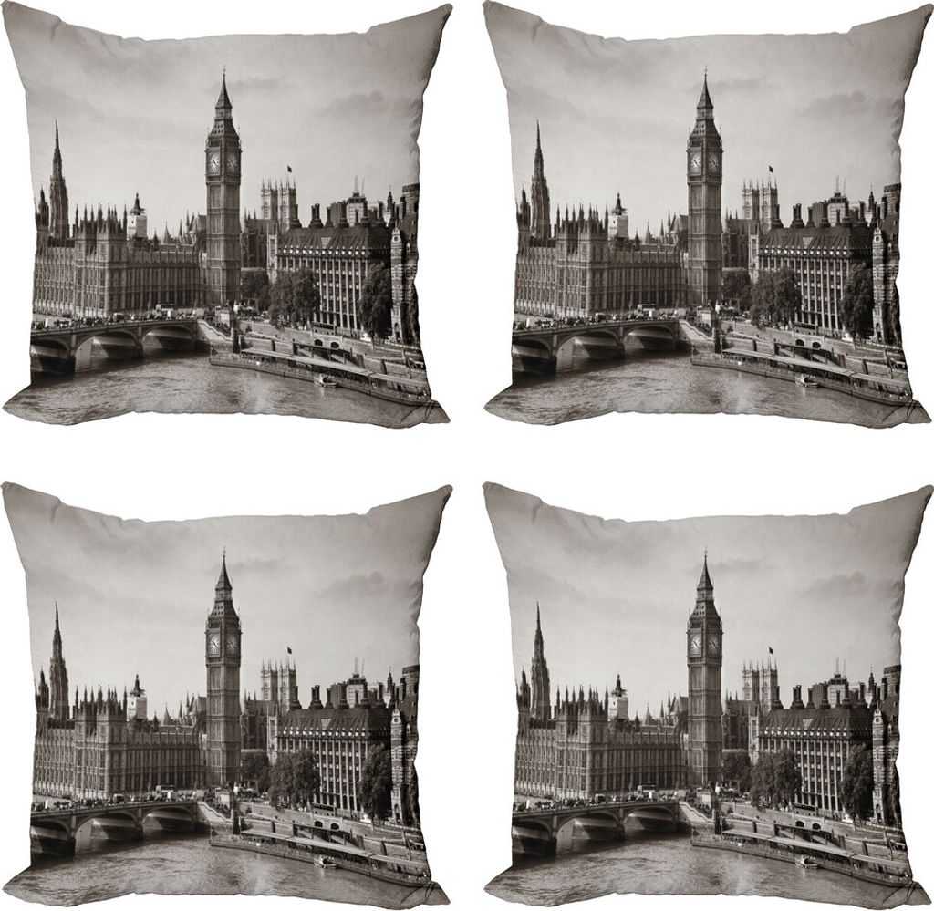 ABAKUHAUS London Kissenbezug Set (4 Stück), Westminster mit Big Ben, Moderner Doppelseitiger Digitaldruck, 40 cm x 40 cm, Sepia Weiß