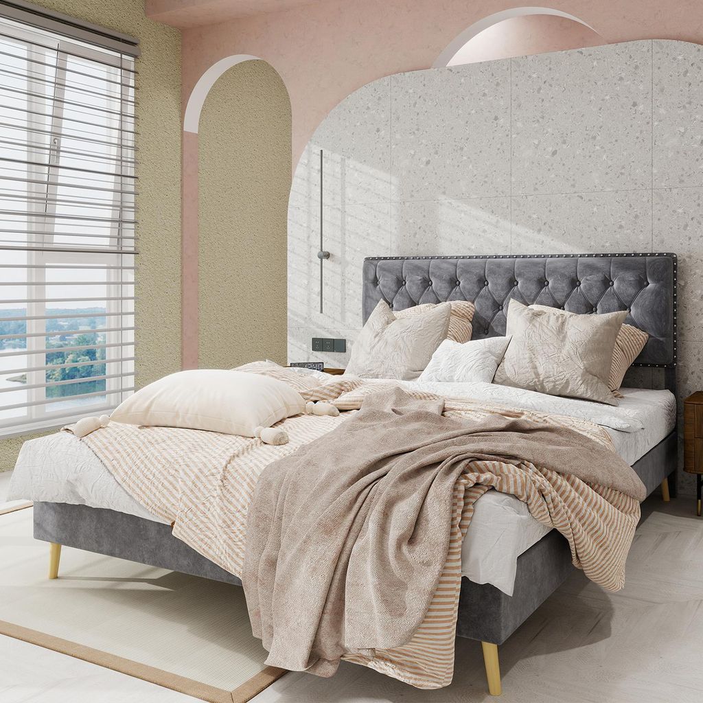 Sweiko Modern minimalist soft bed, comfortable and soft headboard, 140x200CM, gray, multifunctional bedroom furniture, low box bed frame does not i...