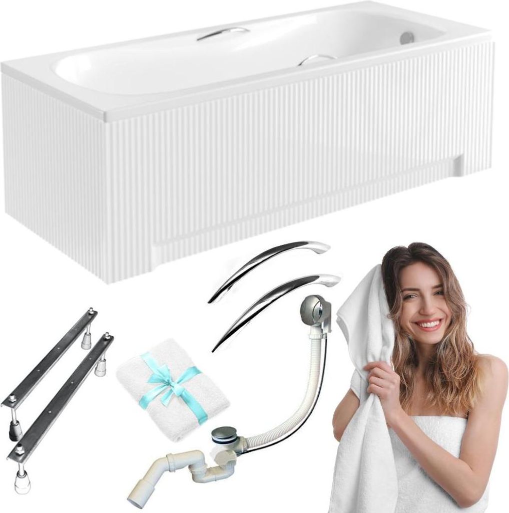 Aqua For You | Besco Aria Plus Badewanne - 150x70cm - Antibakterielle Beschichtung - Mit Siphon - Verchromte Griffe – mit geriffelter Verkleidung