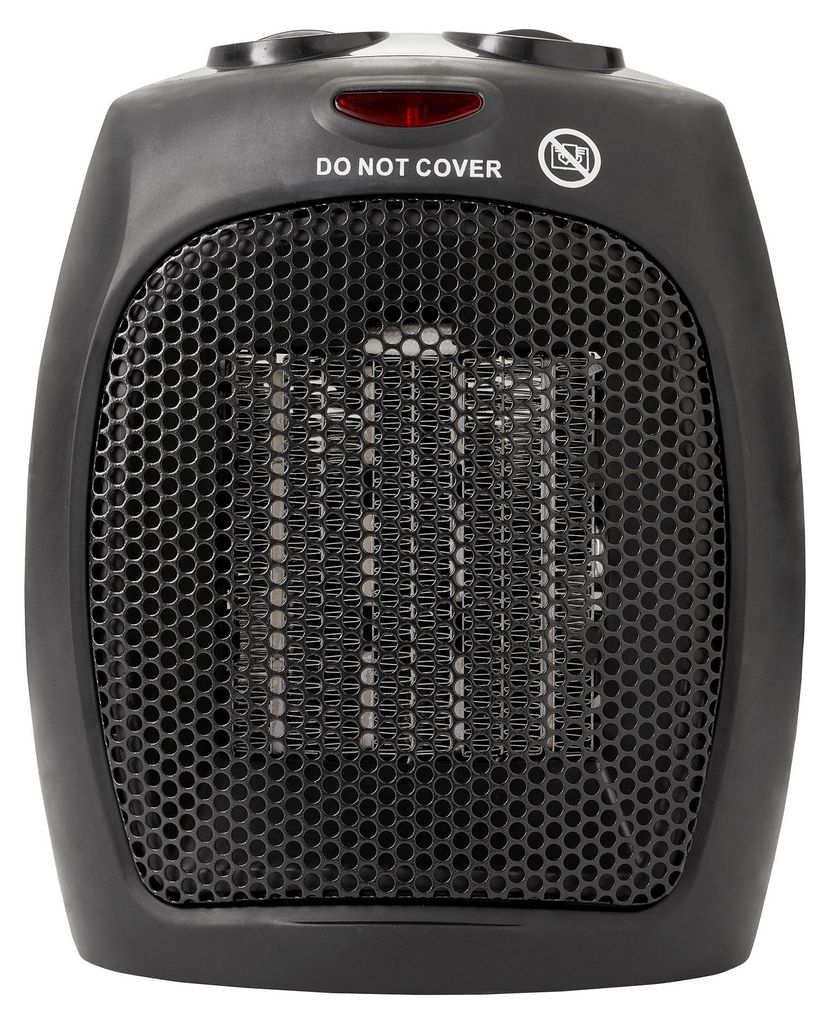 A black portable electric heater is shown from the front against a white background.