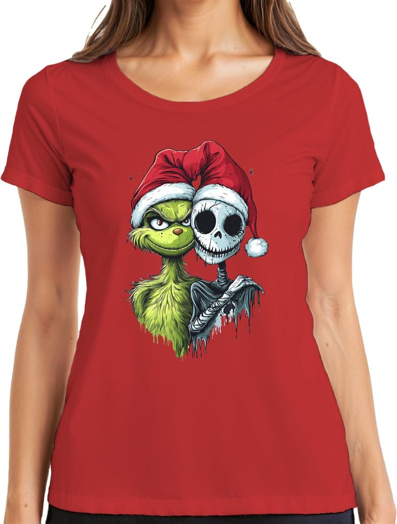 Grinch Jack Skellington Weihnachten Totenkopf gruselig Gothic Damen T-Shirt, Rot, XXL