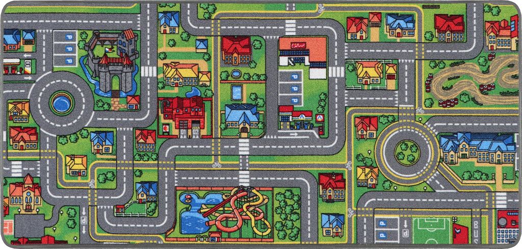 A colorful children's play mat depicting a town with roads, houses, a castle, a playground, and a soccer field.