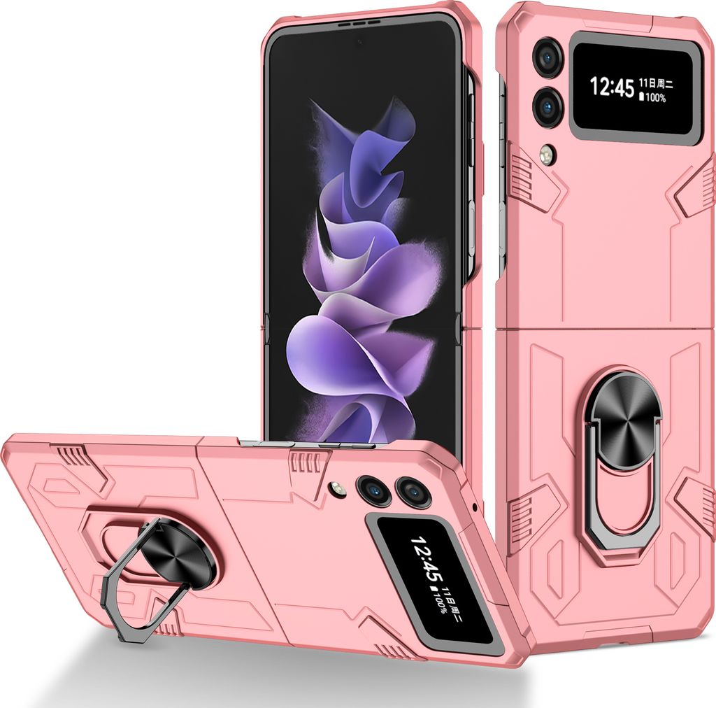 Galaxy Z Flip3 Hülle, Robust Harter PC, Stoßfest, Ringhalter, Ständer Schutzhülle für Samsung Galaxy Z Flip 3 5G Pink