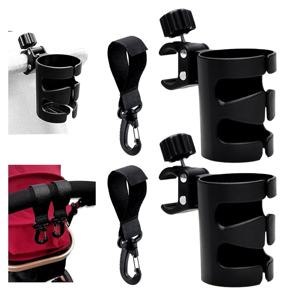 Getränkehalter für Kinderwagen, 2 Stück Universal Schwarz, Becherhalter mit 2 Haken, für Babyflaschen, Kaffeebecher, Wasserflaschen