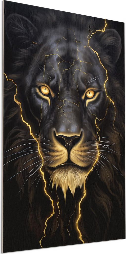 DEQORI Holzbild 60x90 cm 'Blitze in der Mähne' Bild auf Holz Wandbild Kunstdruck