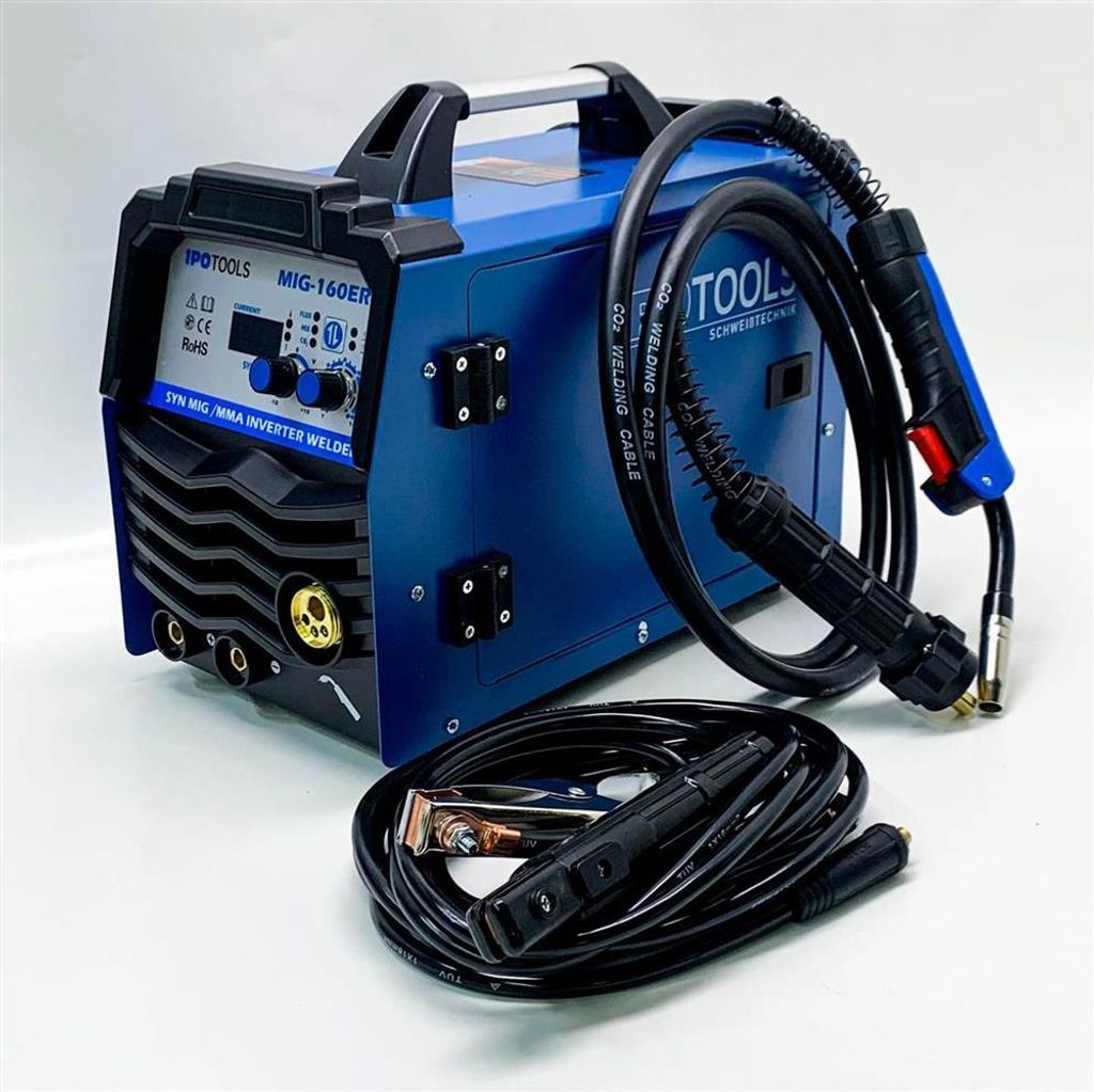 A blue welding machine with cables and accessories on a white background.