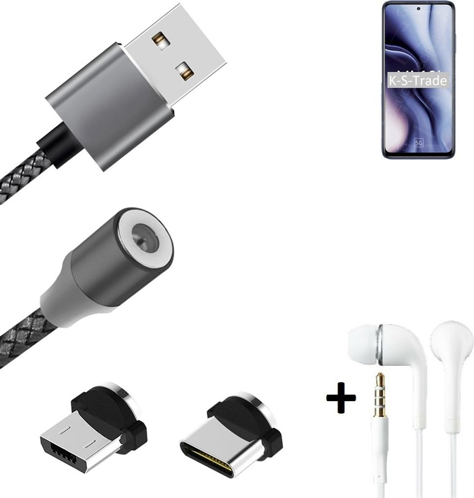 K-S-Trade Hochwertiges Magnet-Lade-kabel Sync-Kabel Daten-Kabel + Kopfhörer kompatibel mit Xiaomi Mi 10i mit USB-Typ-C-Anschluss und